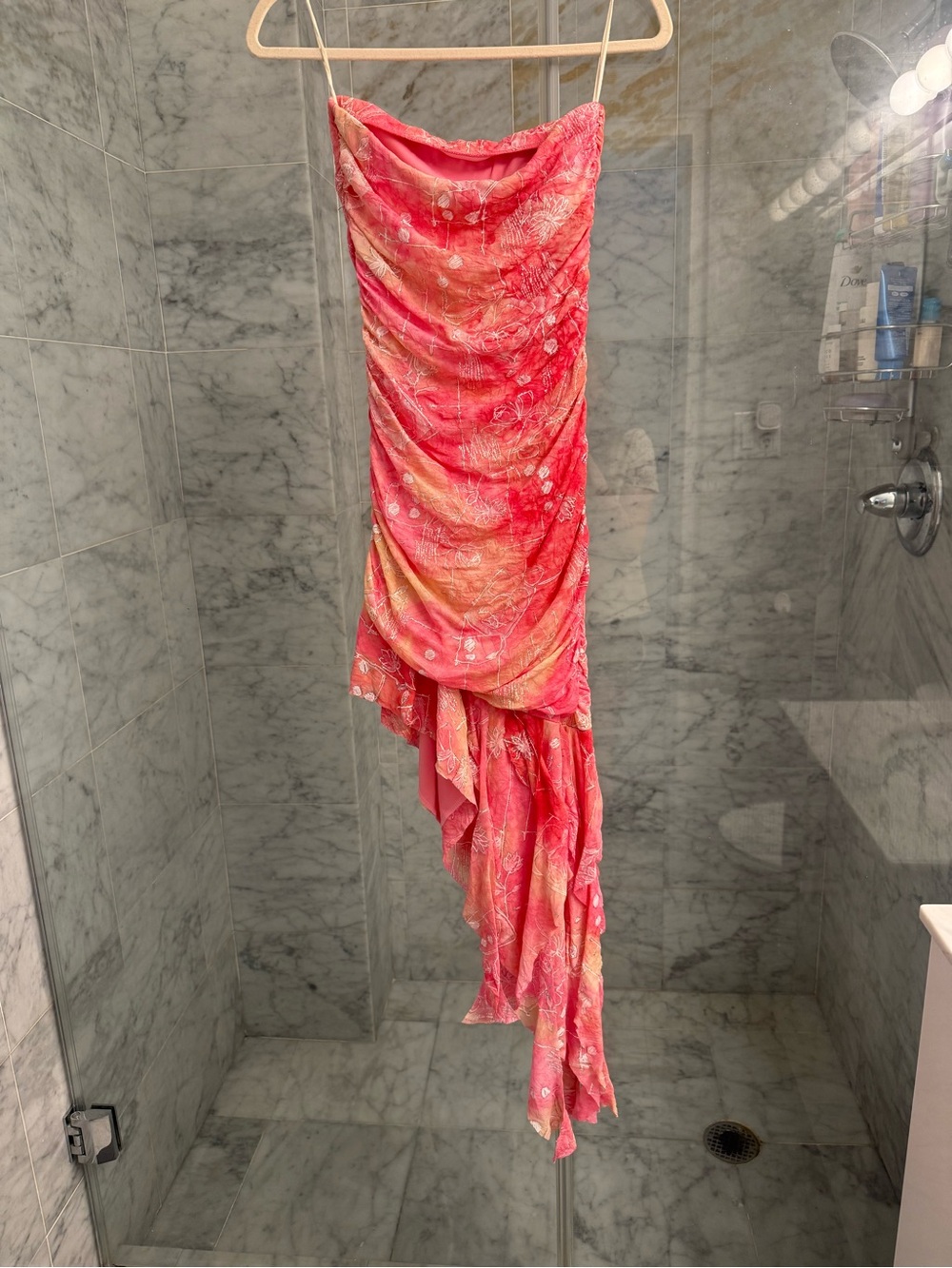 Strapless Pink Ombre Draped Asymmetric Dress